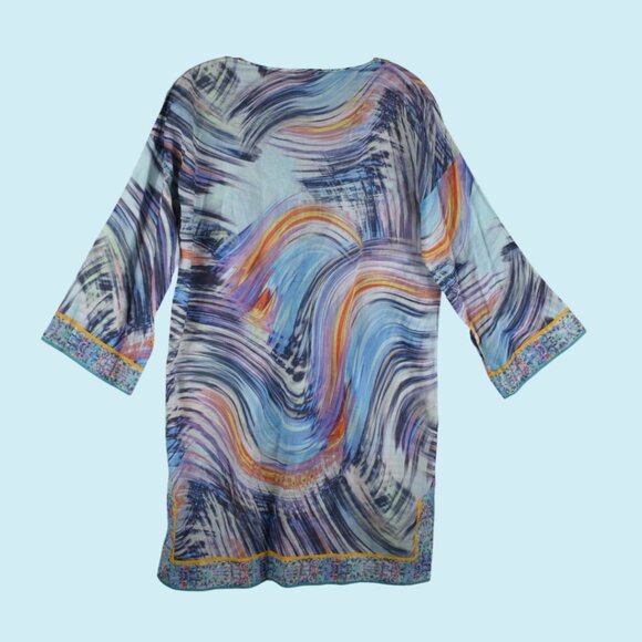 Eres Printed Mini Dress Women's Size Medium Blue Shift 3/4 Sleeve V-neck Tunic - Picture 3 of 10